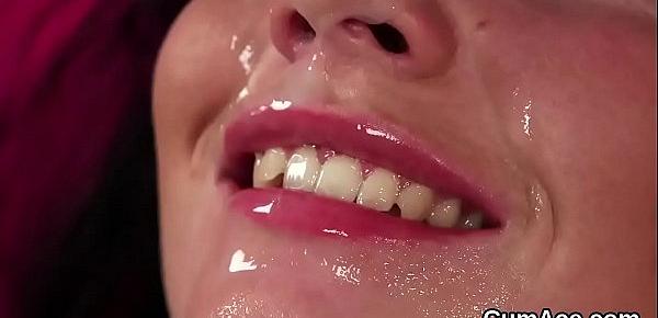  Hot bombshell gets cumshot on her face sucking all the jizz
